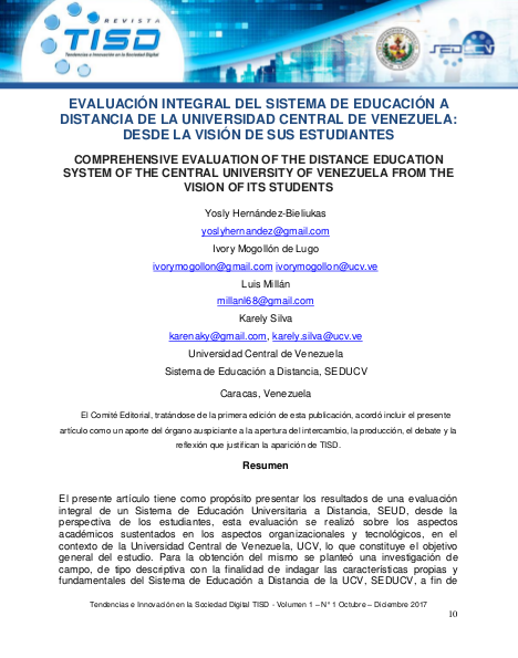 Evaluación Integral del Sistema de Educación a Distancia de la Universidad Central de Venezuela: Desde la Visión de sus Estudiantes